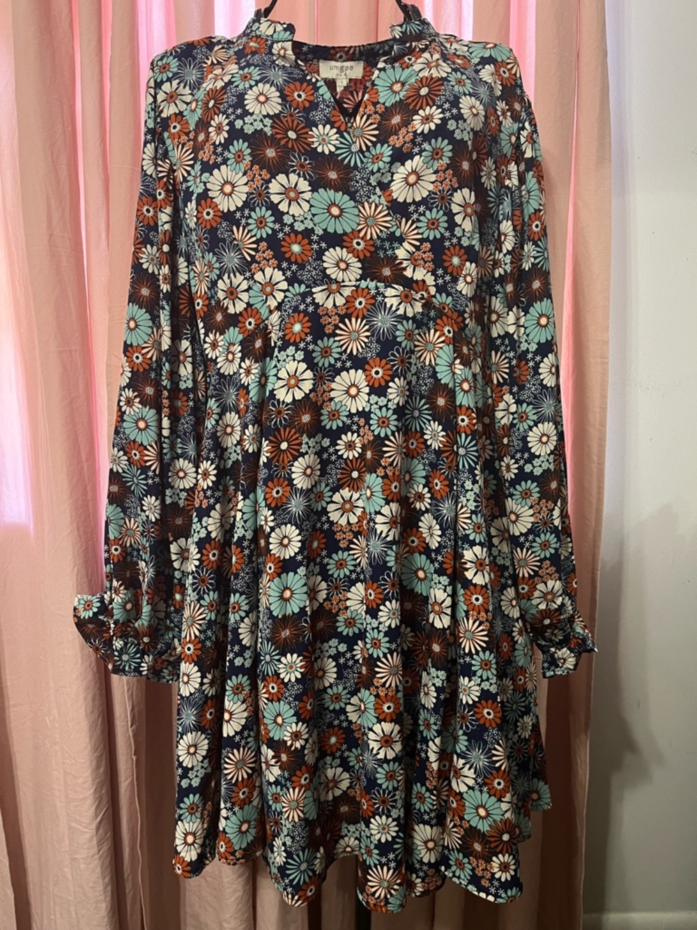 Umgee Floral Swing Dress in Teal, Navy & White